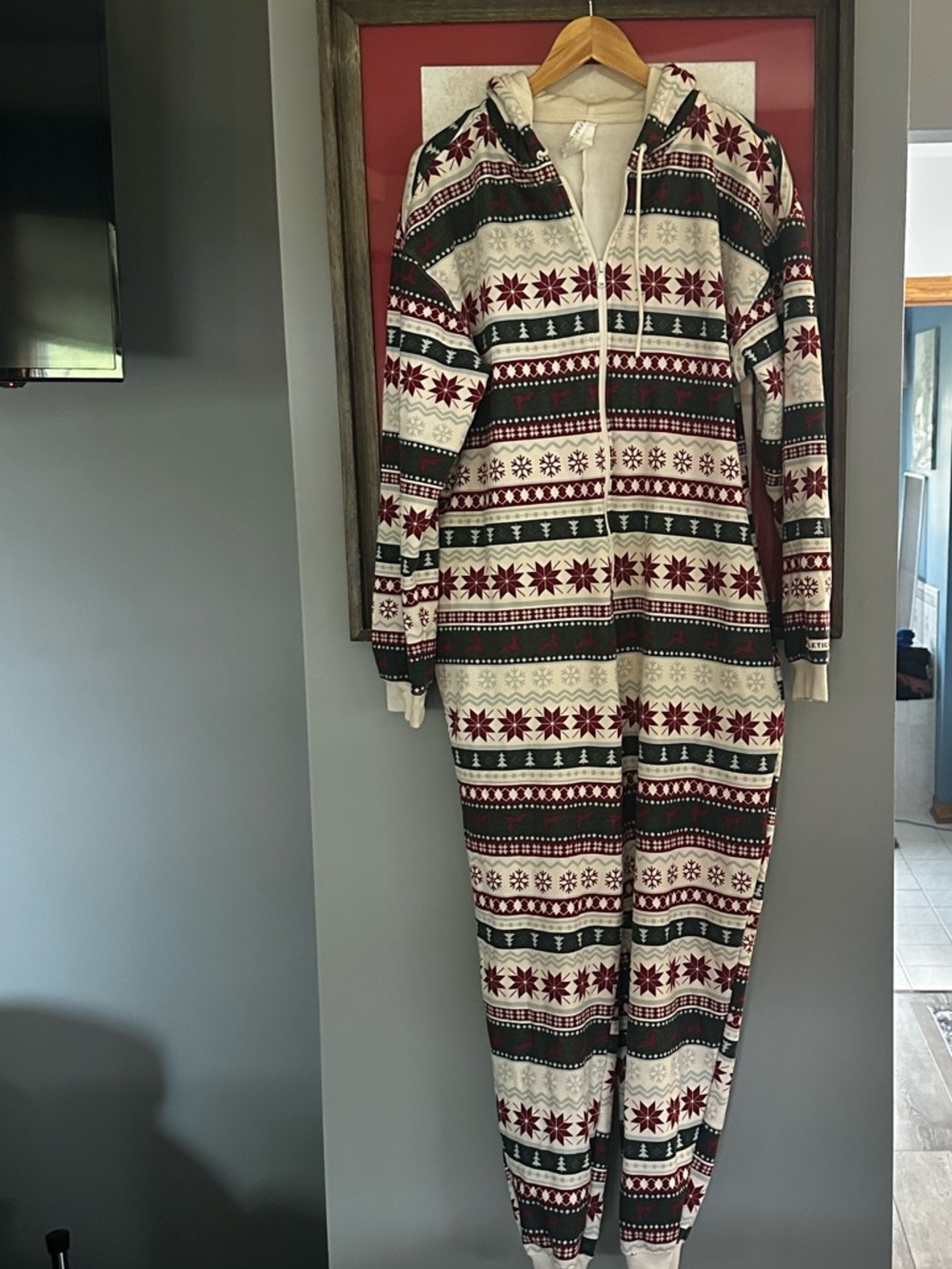 Fabletics Cream, Red & Green Fair Isle Zip-Up Onesie